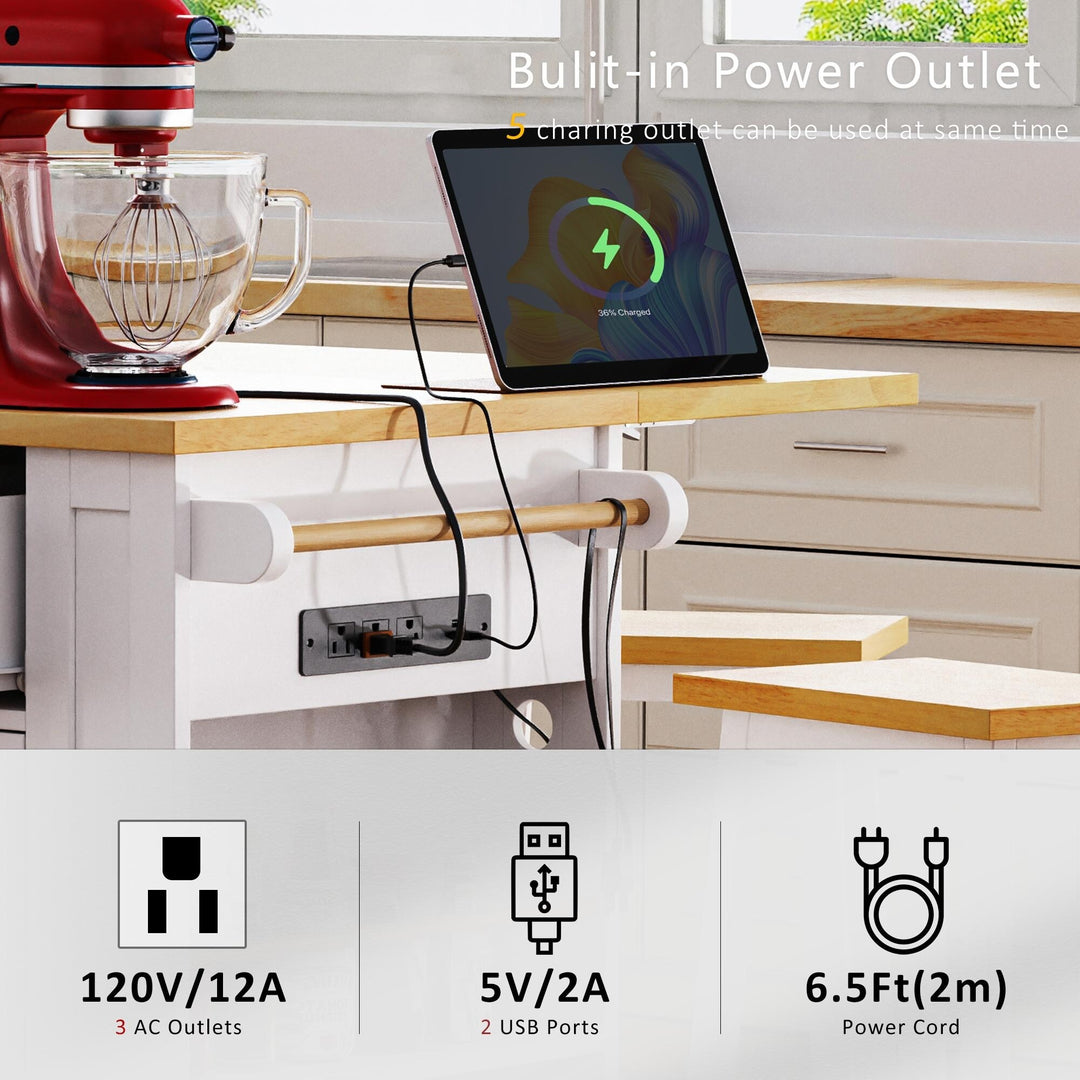 Large Kitchen Island with Drop Leaf,Power Outlet,Door Internal Storage Rack,3 Drawers(Not Include Bar Stools)