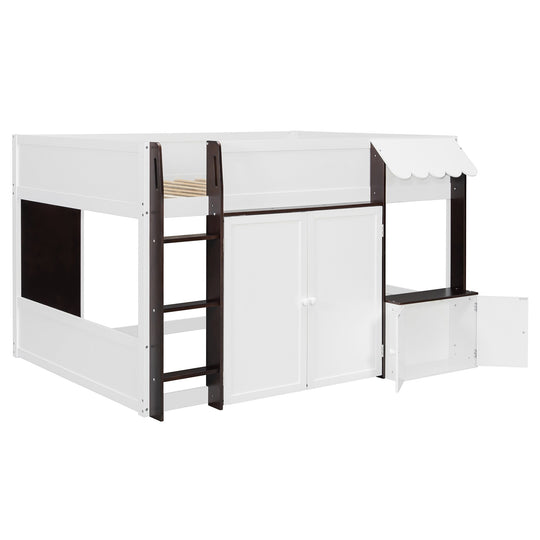 Full Loft House Bed with Playhouse Storage Modern Wood Cabin Bed for Kids