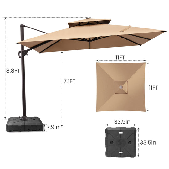 11 X 11 FT Outdoor Square Patio Cantilever Offset Umbrella with Crank and 360 Degrees Rotation
