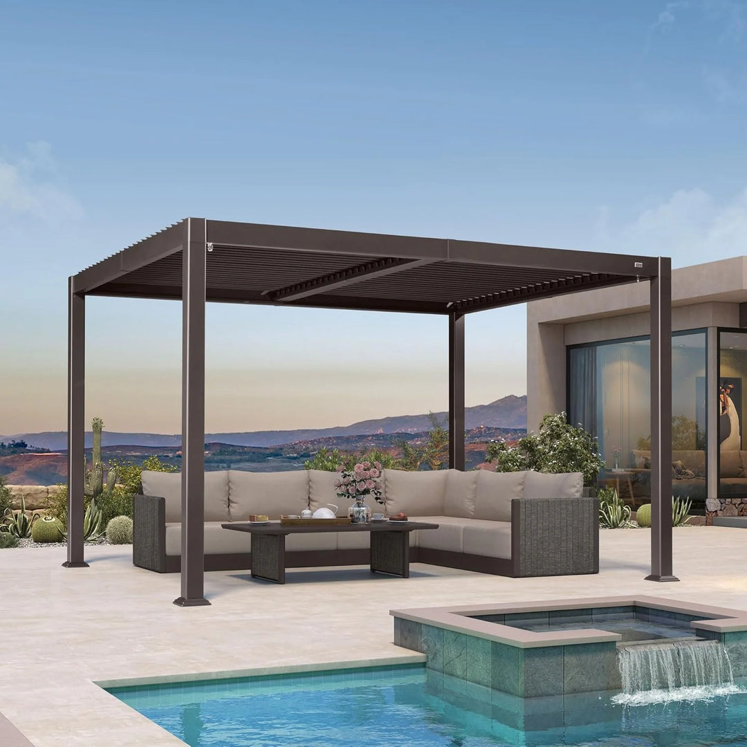 Bronze Louvered Pergola Sun Shade Shelter with Adjustable Metal Roof for Patio Hardtop Pergola