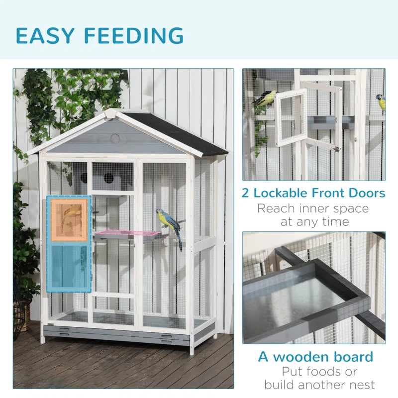Demareo 64.5" Wood Pointed Top Floor Bird Cage with Stand