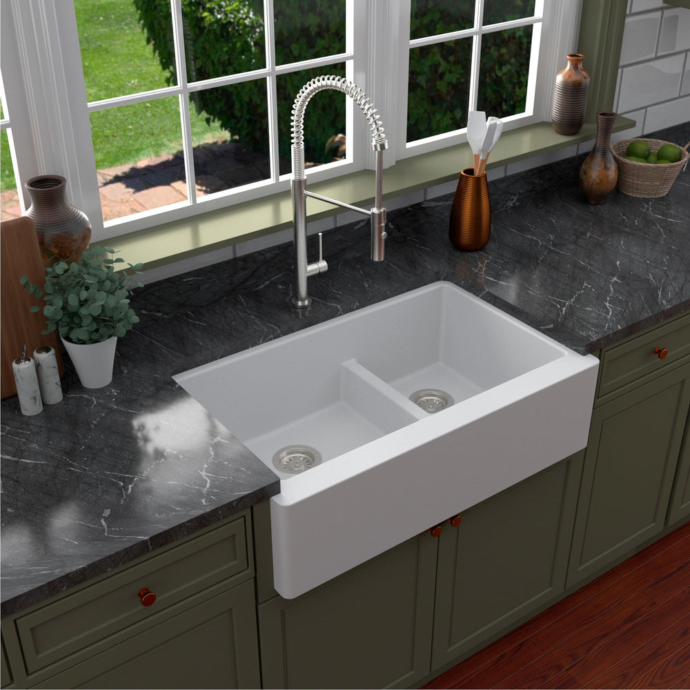 Farmhouse/Apron-Front Quartz Double Bowl Kitchen Sink