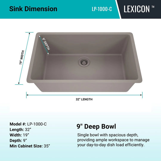 Drop-In Quartz 32 Inch Single Bowl Kitchen Sink Kit - 32"X19"
