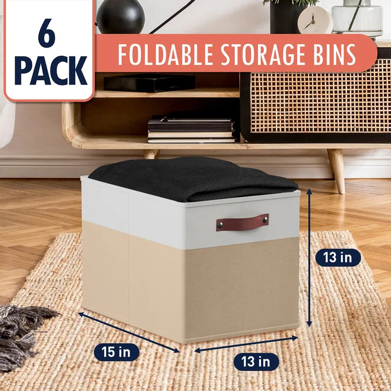 Foldable Collapsible Storage Box Bins Linen Fabric Shelf Basket Cube Organizer with Leather Handles - Set of 6