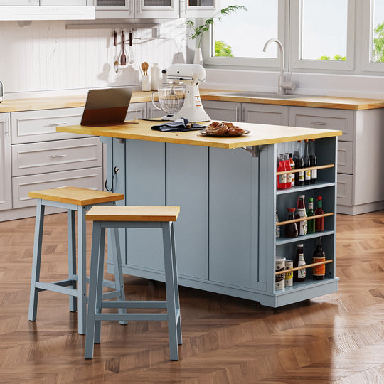 Large Kitchen Island with Drop Leaf,Power Outlet,Door Internal Storage Rack,3 Drawers(Not Include Bar Stools)