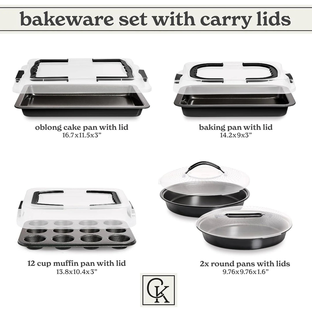 Baking Pans Set 10 Piece Non-Stick Cake Pans with Carry Lids for Storage & Travel, Perfect for Parties Stackable