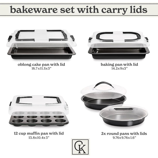 Baking Pans Set 10 Piece Non-Stick Cake Pans with Carry Lids for Storage & Travel, Perfect for Parties Stackable