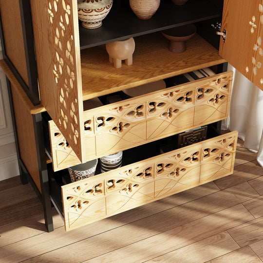 Sculpted Wood and Black Cabinet – Beautifully Carved Decorative Storage Pantry Bookshelves Display Cabinet - 33.4"X70.9"