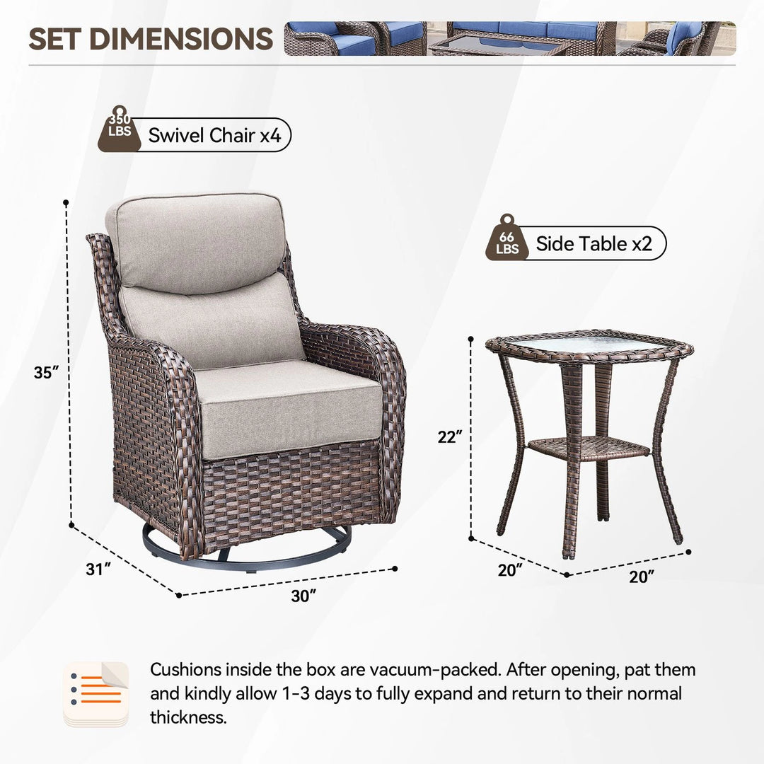 Outdoor Patio Sofa Swivel Chair with 6-Inch Thick Cushions Set