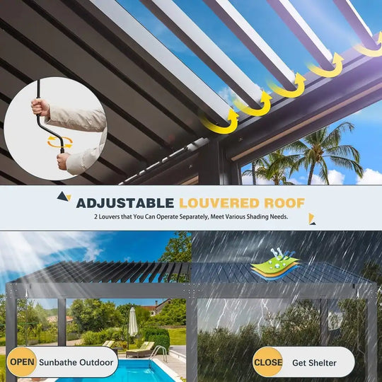 Outdoor Louvered Pergola Gazebo with Adjustable Aluminum Rainproof Roof and Pull-Down Screen
