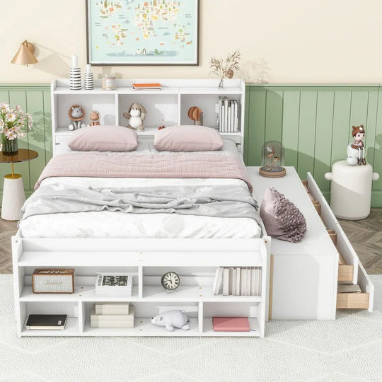 Storage Platform Bed with Bookcase Headboard,Drawers and Bed End Storage Case,Full Size