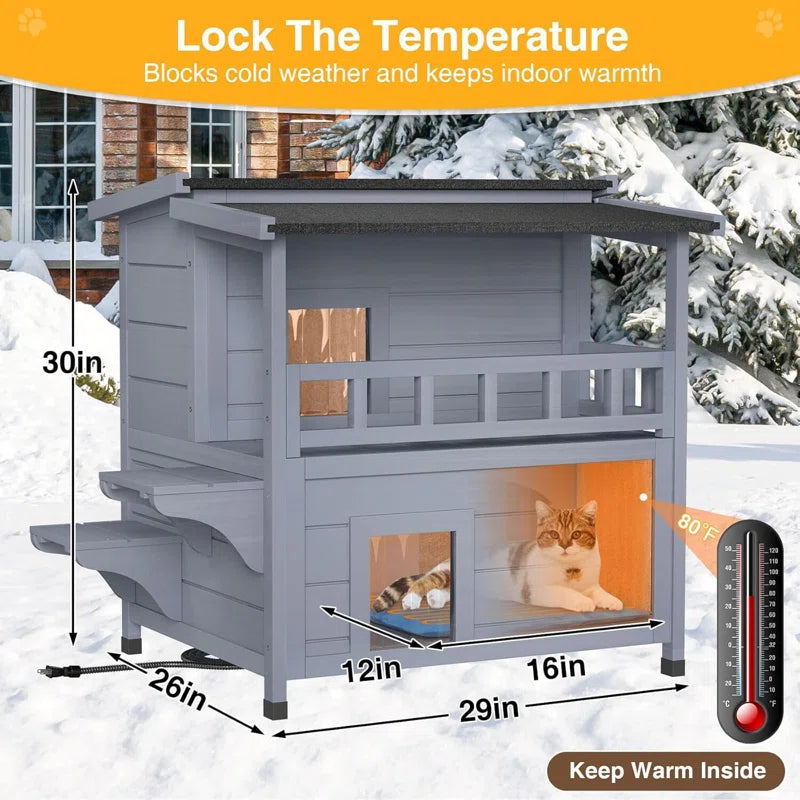 Heated Cat House, 2-Story Insulated Wooden Cat House with Liner, Heated Pad and Escape Door