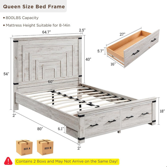 Farmhouse Wood Bed Frame with 54" Tall Headboard, 2 Large Drawers