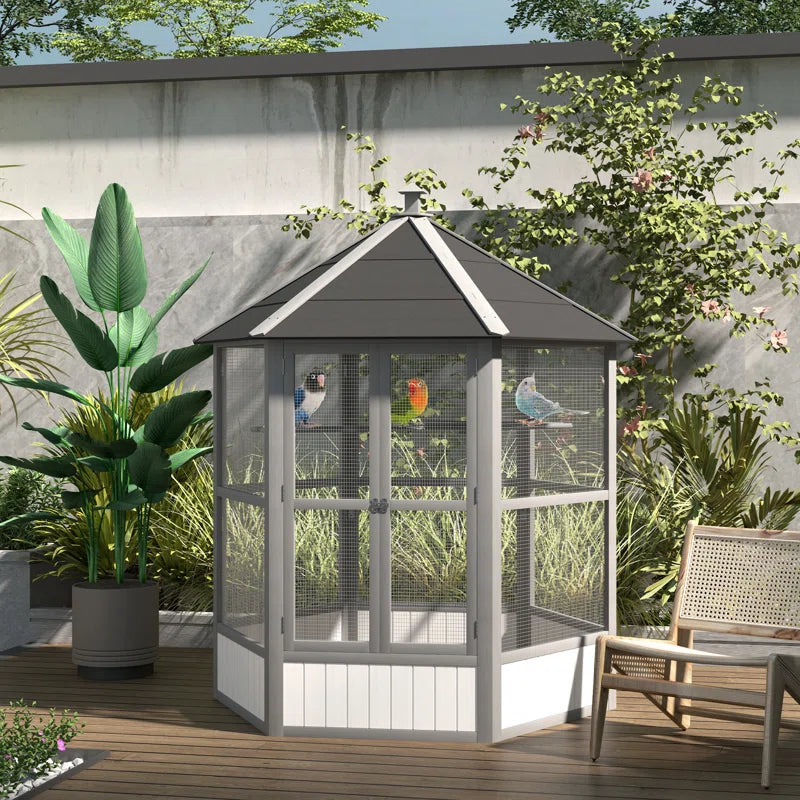 Large Wooden Hexagonal Outdoor Aviary Flight Bird Cage with Covered Roof, Light Gray