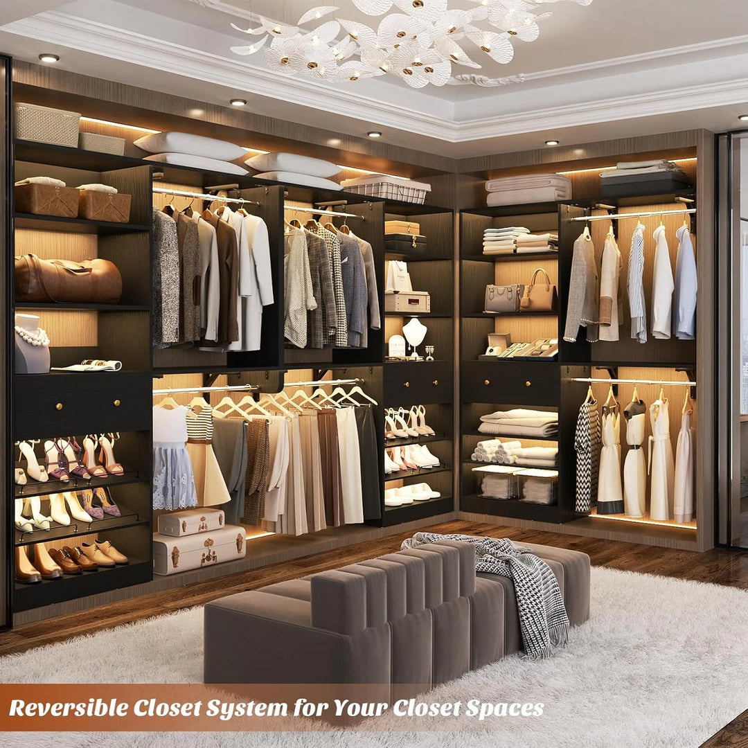 5FT Closet System with 2 Hanging Rods and Wooden Drawer, Walk-In Closet Organizer with 2 Wing Shelve and Adjustable Rack Shelves