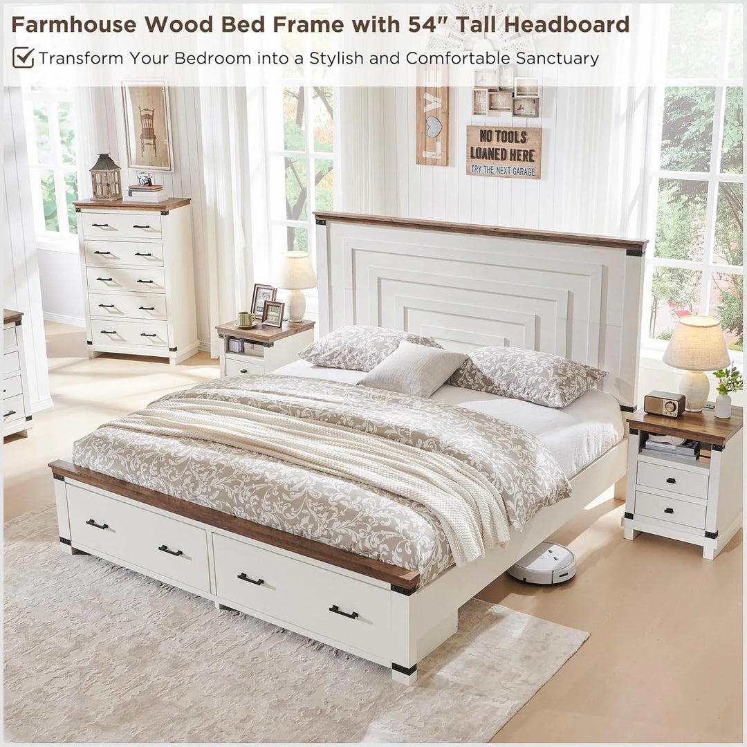 Farmhouse Wood Bed Frame with 54" Tall Headboard, 2 Large Drawers