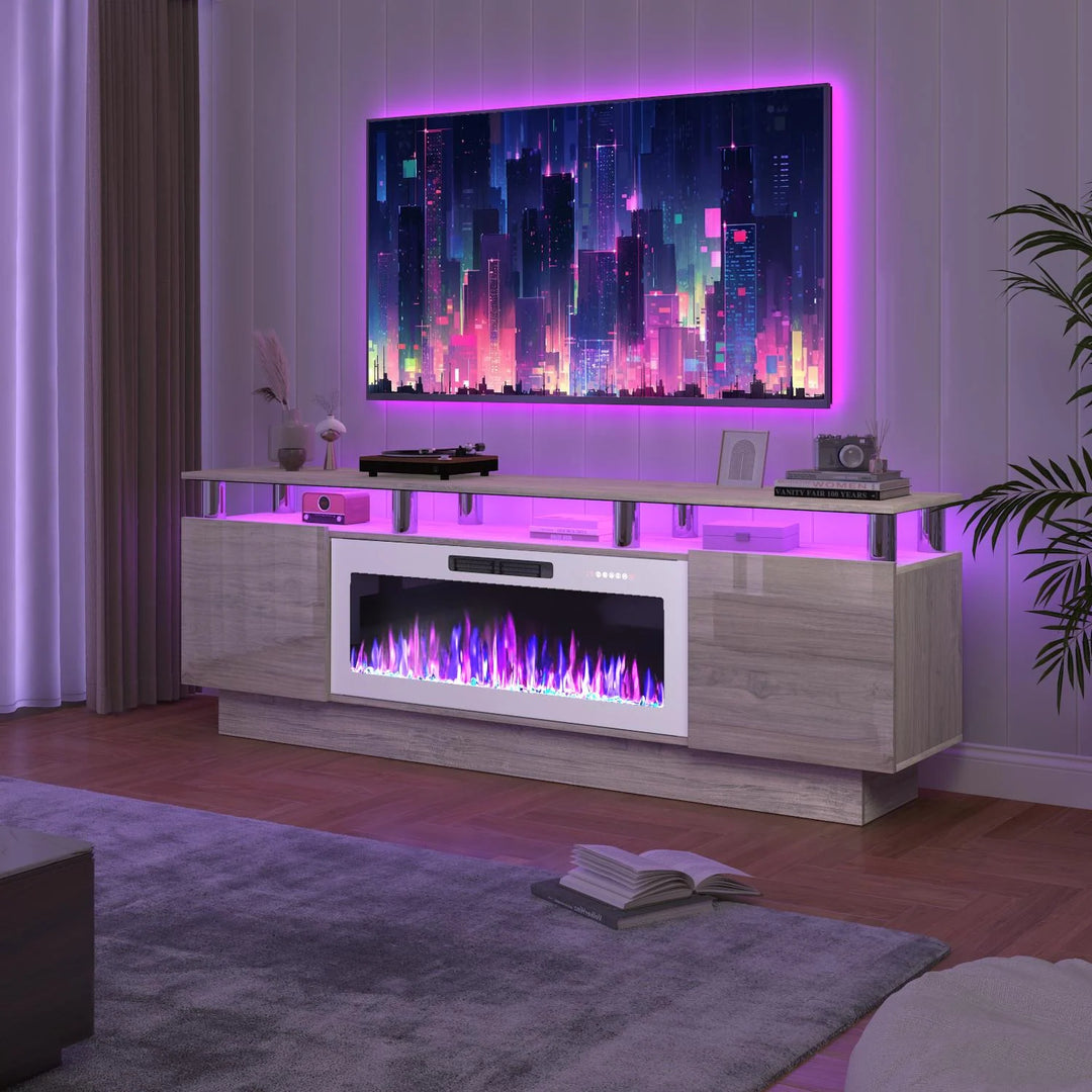 70" Modern Electric Fireplace TV Stand, with Electronic Flame and LED Lights, High Gloss Finish Entertainment Center