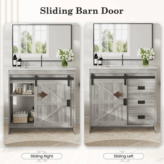 Farmhouse Bathroom Vanity with Ceramic Top and Sliding Barn Door Sink Cabinet, Rustic Single Sink Vanity