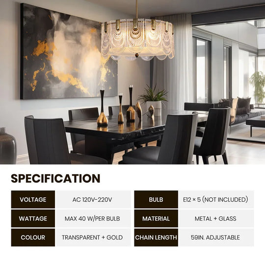 20 In. Gold Modern Glass Chandelier 5-Light Glam Dimmable Pendant Light Fixture for Dining Room