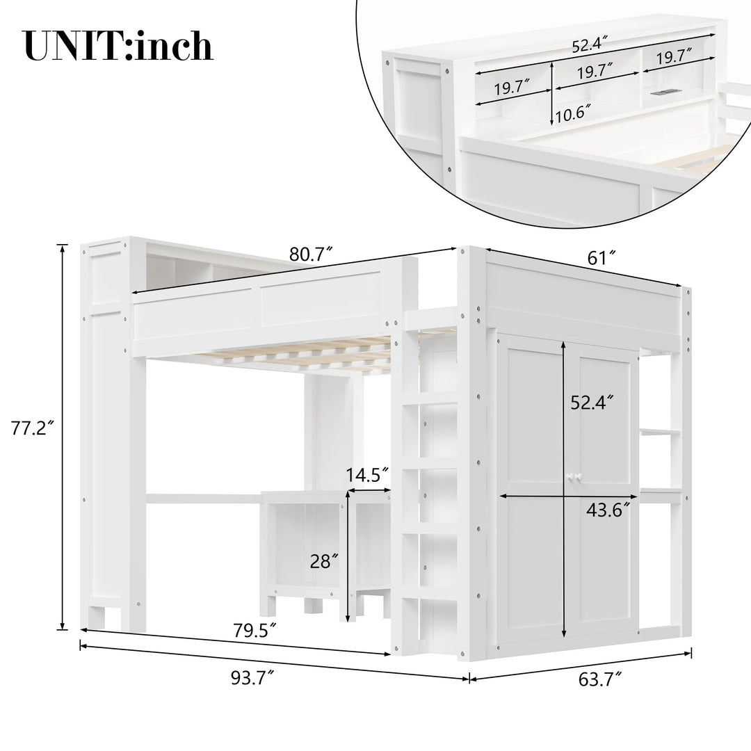 Modern Queen Loft Bed with Built-In Desk, Wardrobe, Headboard Storage & USB Hub by