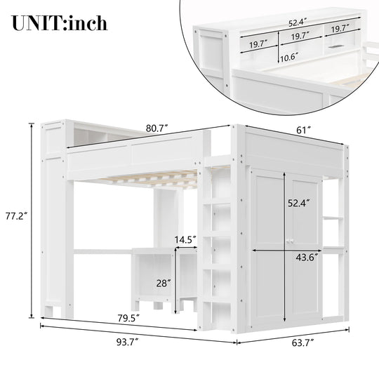Modern Queen Loft Bed with Built-In Desk, Wardrobe, Headboard Storage & USB Hub by
