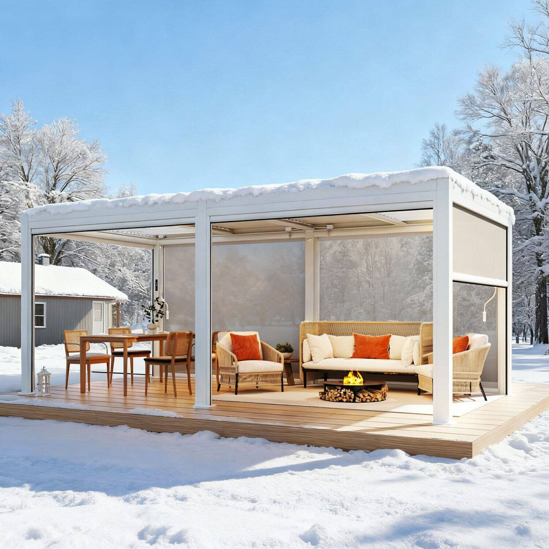 Outdoor Louvered Pergola Gazebo with Adjustable Aluminum Rainproof Roof and Pull-Down Screen