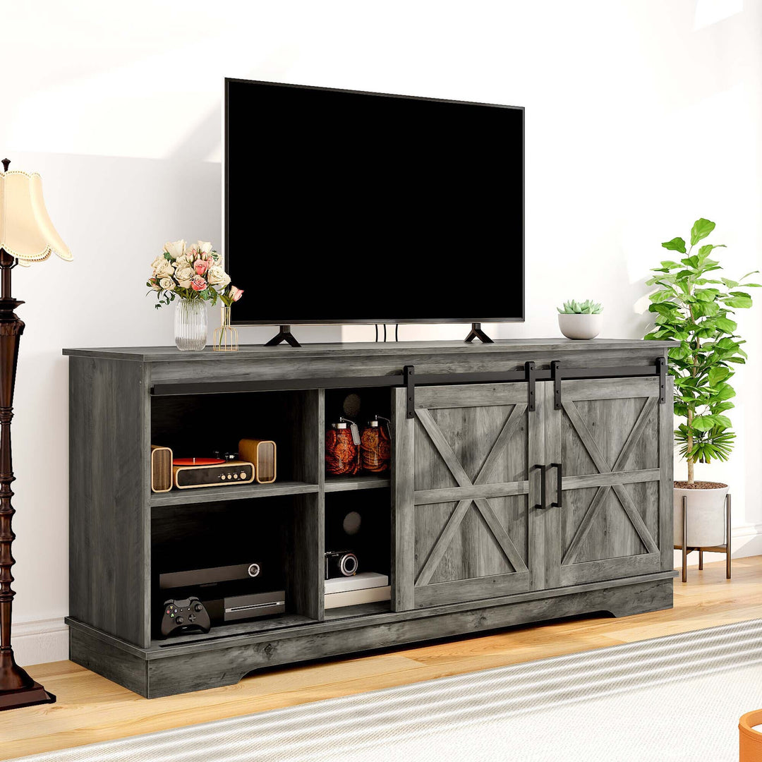 Farmhouse TV Stand with Barn Door Media Console Entertainment Center with Storage Cabinets