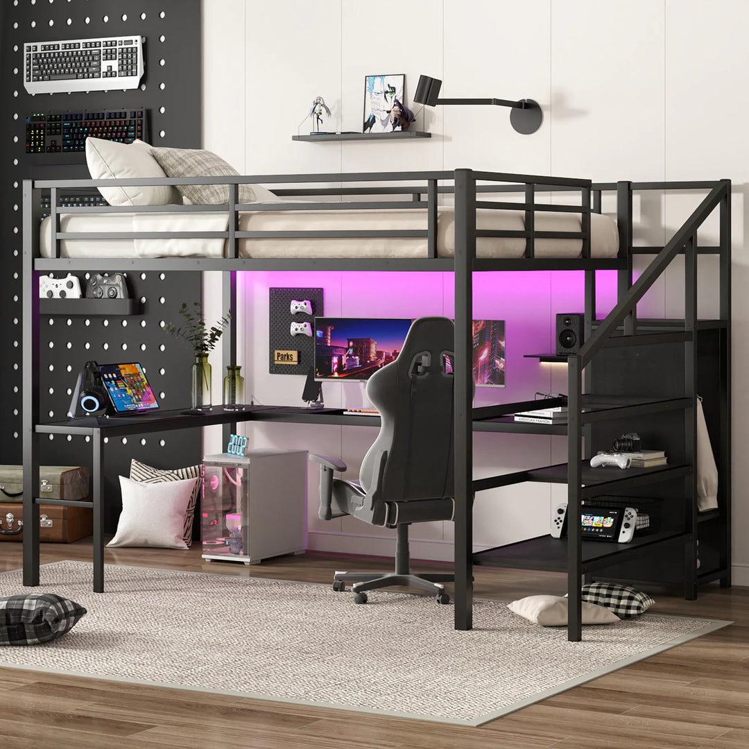 Queen Size Loft Bed with L-Shaped Desk and USB, Metal Loft Bed with Wardrobe and Adjustable Shelf, High Loft Bed with LED