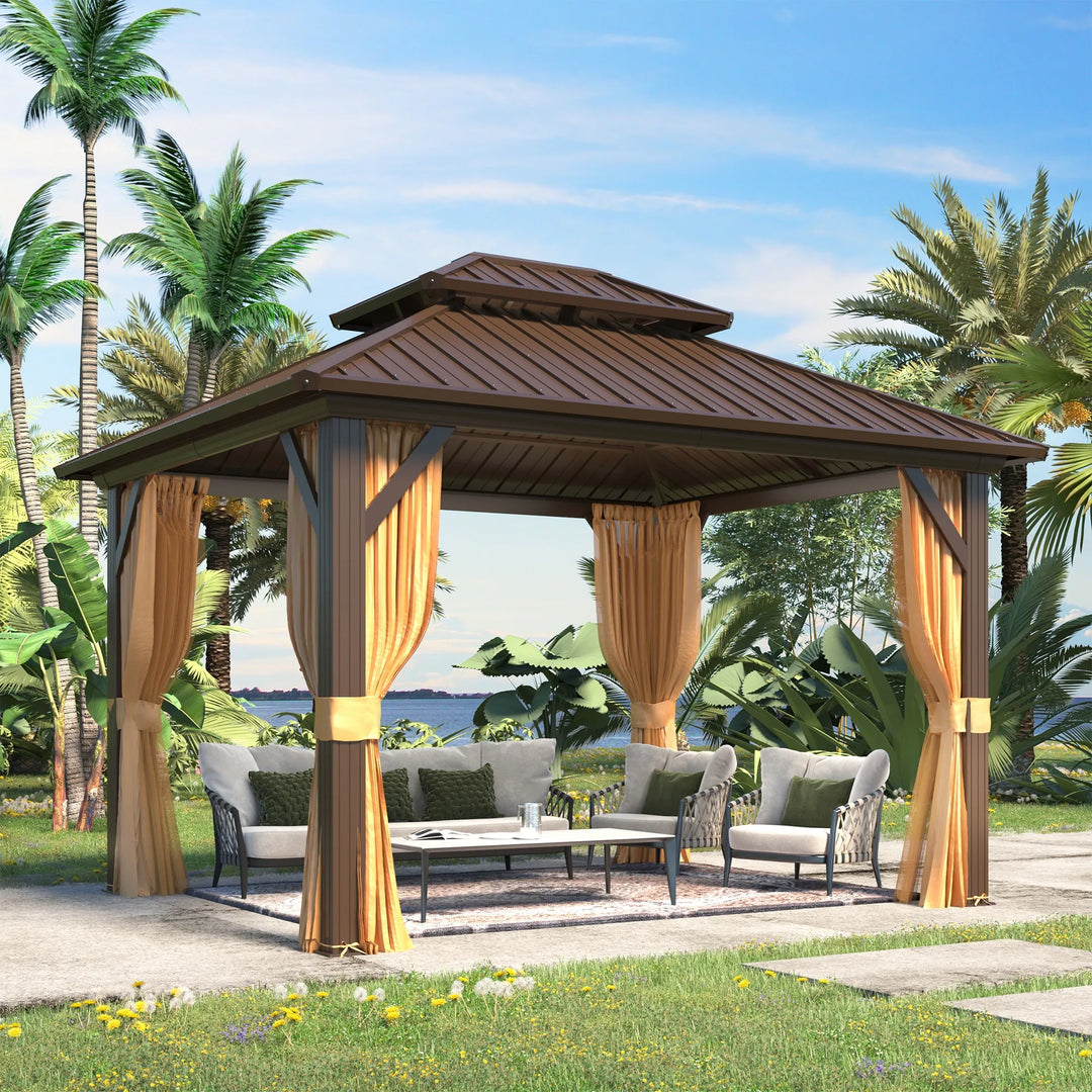 Outdoor Hardtop Gazebo W Galvanized Steel Double Roof & Aluminum Frame, 10'X12' Pergola with Premium Curtains and Nettings