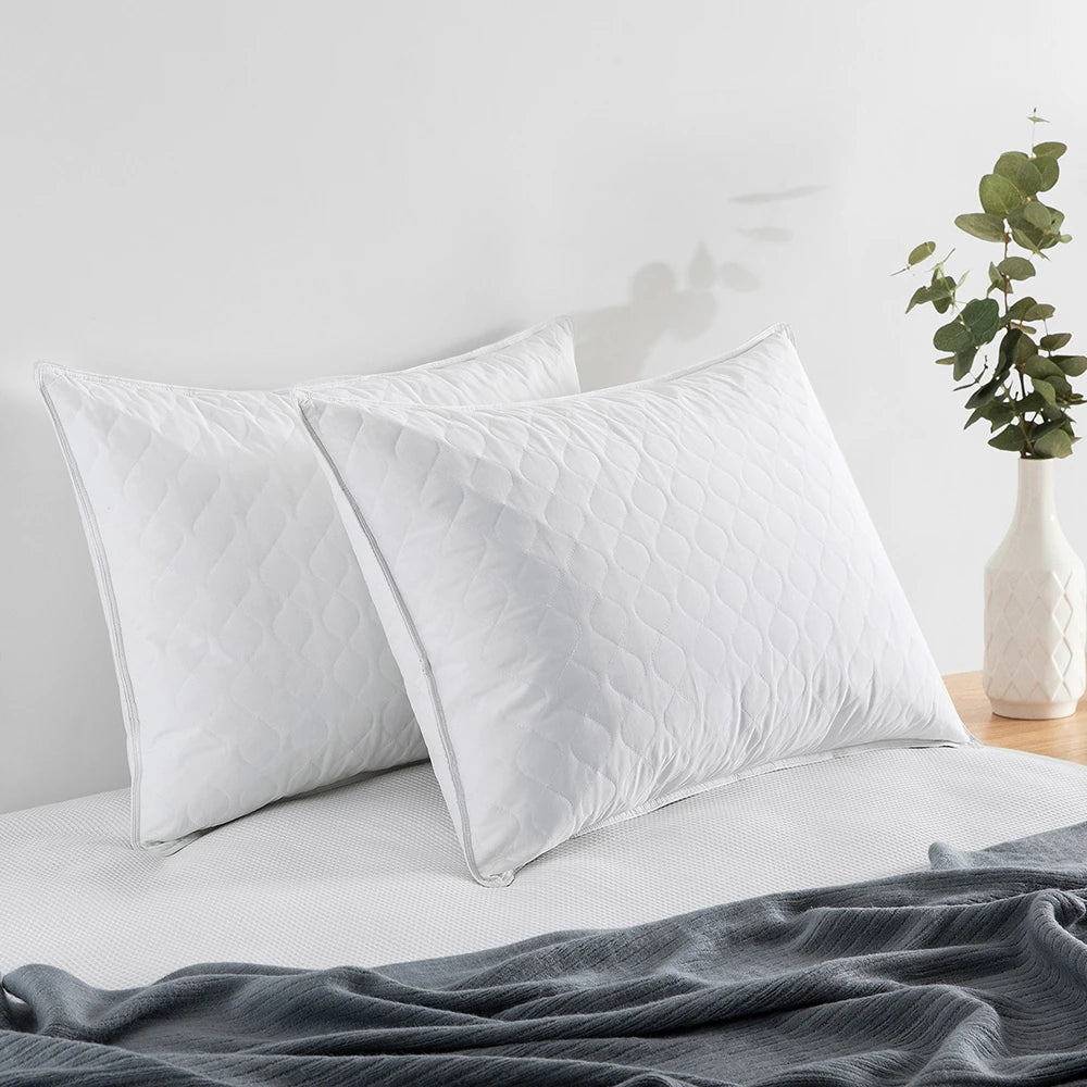 2 Pack Goose Feather down Pillows with Quilted Cotton Cover - White