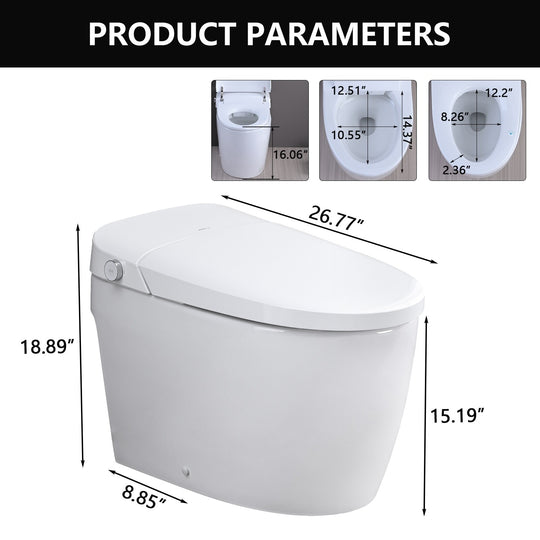 Smart Toilet Bidet Combo with Self-Cleaning Nozzle, Heated Seat, Night Light, Knob Control, Power Outage Flushing, Soft Close