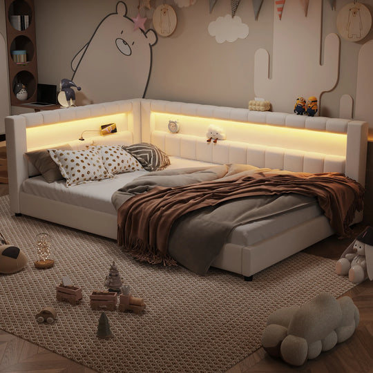 Upholstered Low-Profile Daybed Platform Bed Built-In USB Ports and LED Light Belt, Grounded Design with Padded Backrest