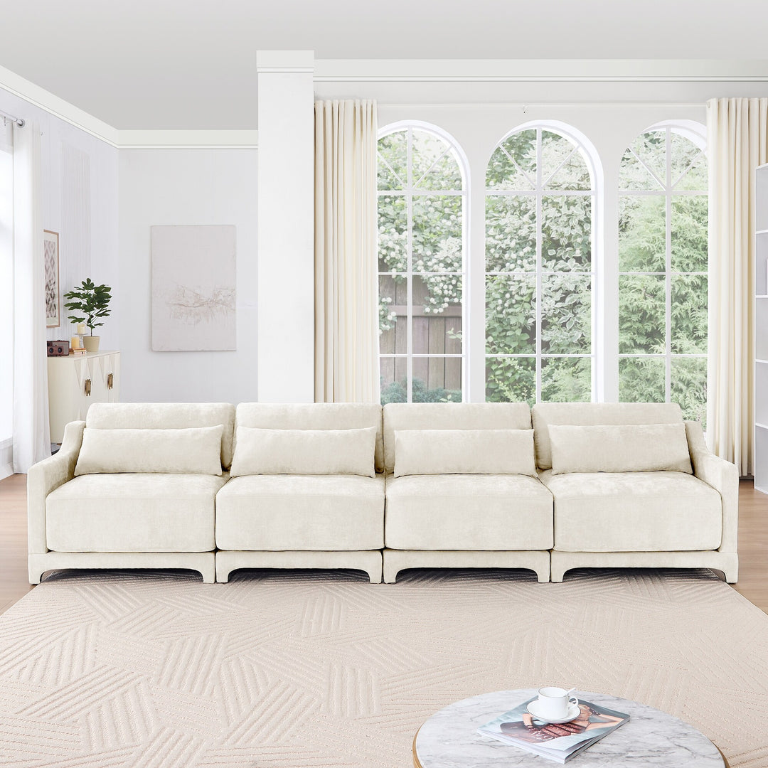 Modern Chenille 4-Seater Sofa with 2 Ottoman, Lumbar Cushions, Ergonomic Backrest, High-Resilience Spongeand Tufted Armrests