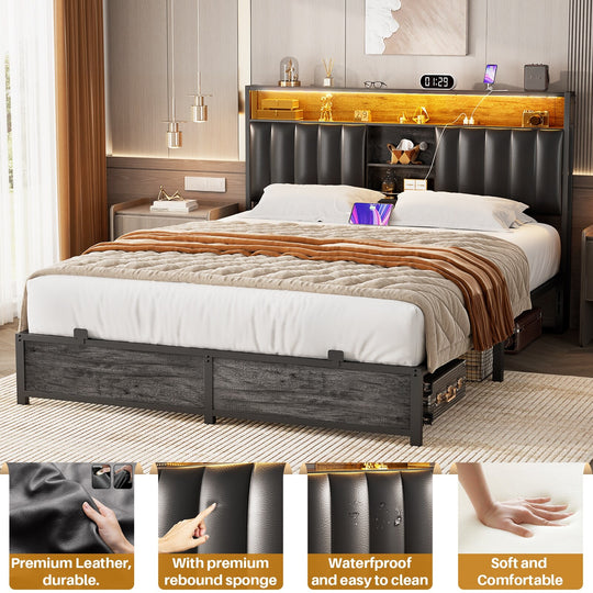 Upholstered Bed Frame with Storage Shelving, Platform Beds with Charge Station and LED Lights