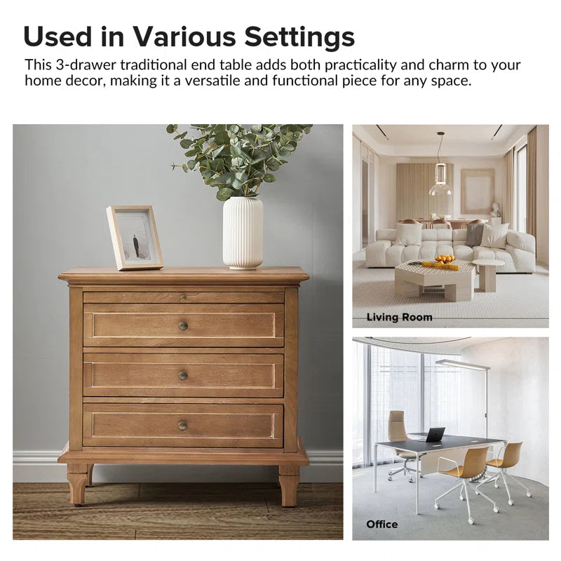 Arthelia Traditional 28.37''W 3-Drawer End Table with Charging Station and Pull-Out Shelf