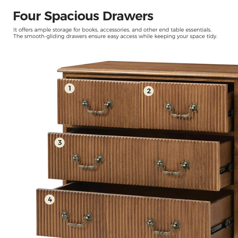 Kaybri 28"W Solid Paulownia Wood 4-Drawer End Table with Charging Station and Simple Assembly