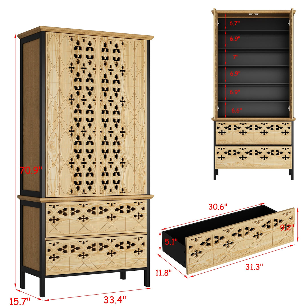 Sculpted Wood and Black Cabinet – Beautifully Carved Decorative Storage Pantry Bookshelves Display Cabinet - 33.4"X70.9"