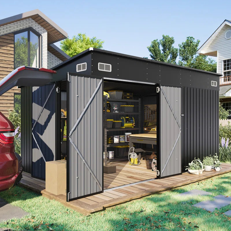 Metal Lean-To Storage Shed with Three Doors