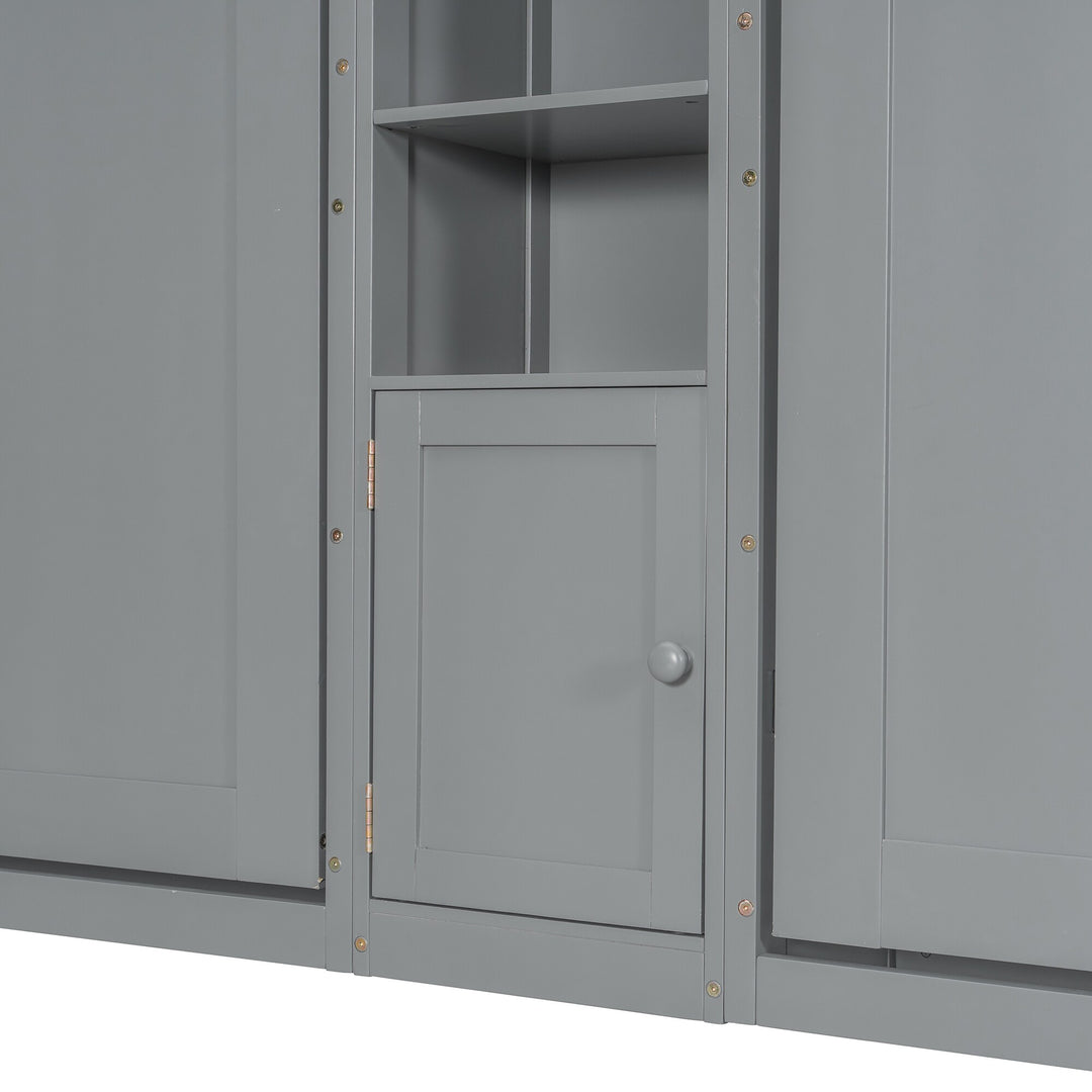 Dual Twin Size Wall Murphy Beds with Cabinets and Shelves, Space-Saving Design