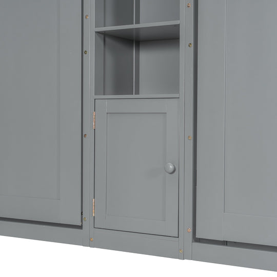 Dual Twin Size Wall Murphy Beds with Cabinets and Shelves, Space-Saving Design
