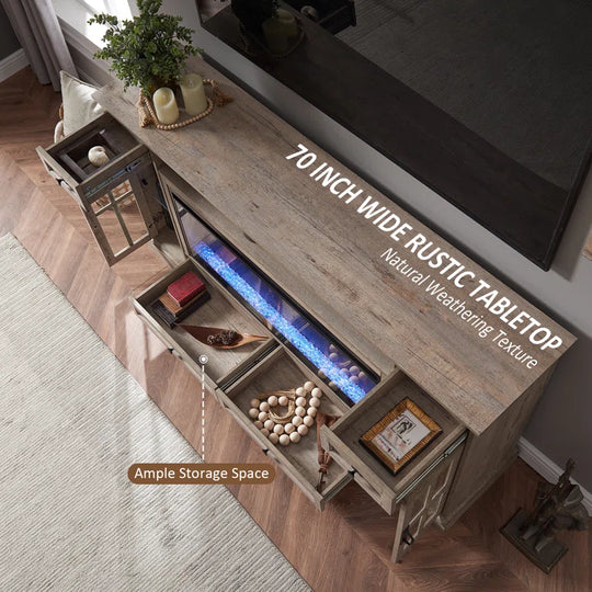 Aira 70"W Farmhouse Fireplace TV Stand with Timer, Wood Media Console for Tvs up to 80" with Fireplace Included