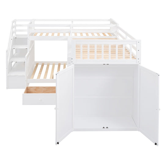 L-Shaped Bunk Bed with Three Drawers, Portable Desk and Wardrobe, Twin-Twin over Full Design