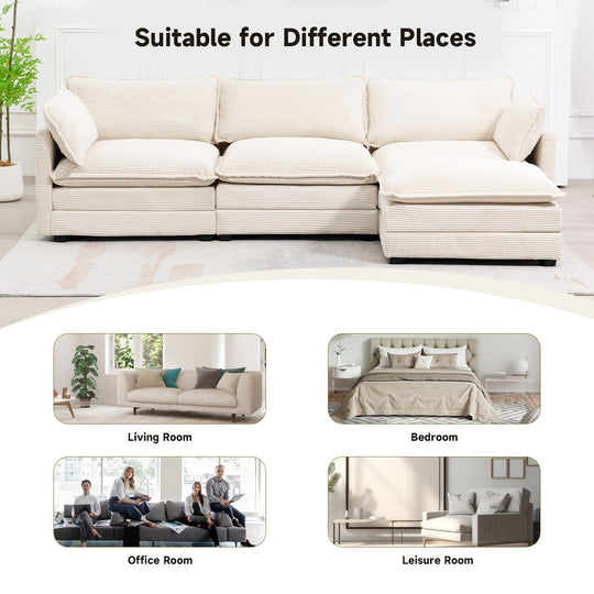 Corduroy Sectional Sofa with Removable Ottomans & Ultra-Soft Cushions for Living Room & Bedroom