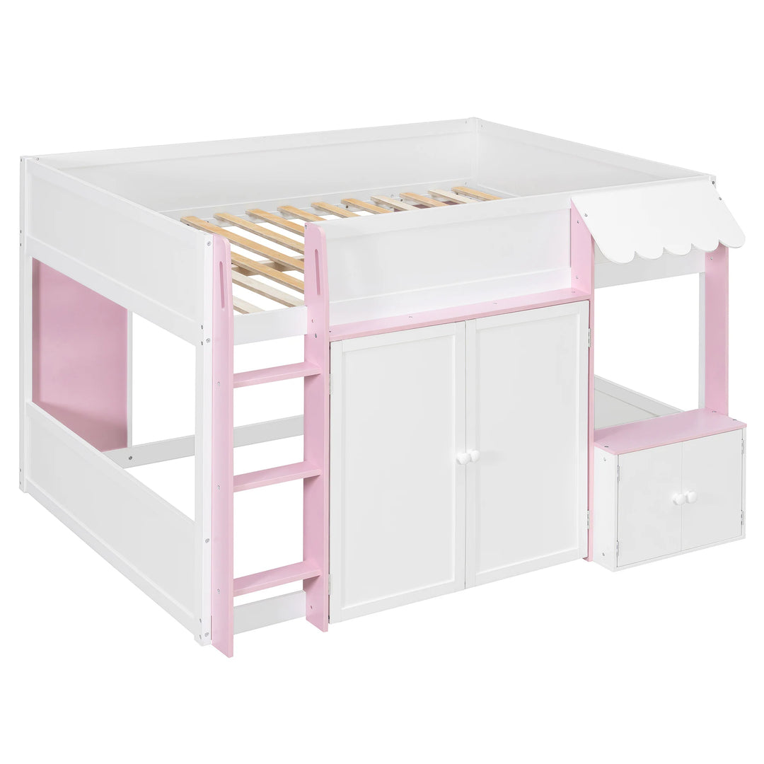 Full Loft House Bed with Playhouse Storage Modern Wood Cabin Bed for Kids