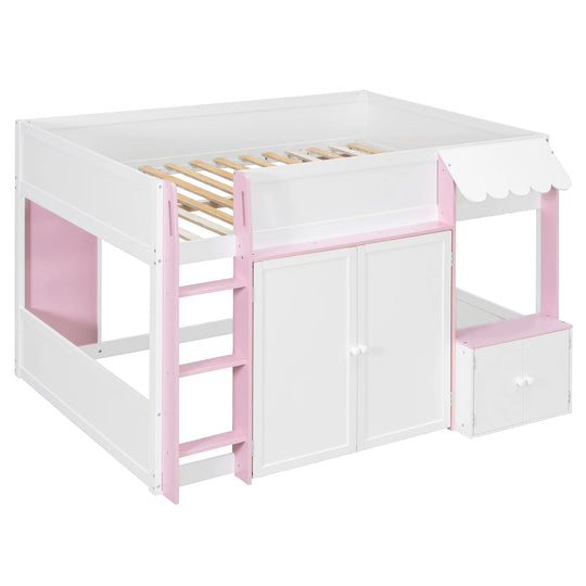 Full Loft House Bed with Playhouse Storage Modern Wood Cabin Bed for Kids