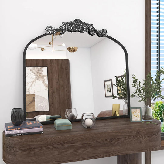 Arched Vintage Wall Mirror and Metal Frame Baroque Style Bathroom Vanity Mirror
