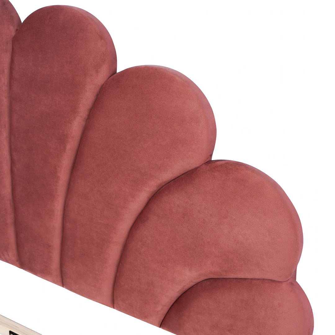 Upholstered Platform Bed with Flower Pattern Velvet Headboard