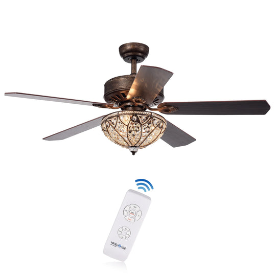Gliska Rustic Bronze 5-Blade Lighted Ceiling Fan with Crystal Shade