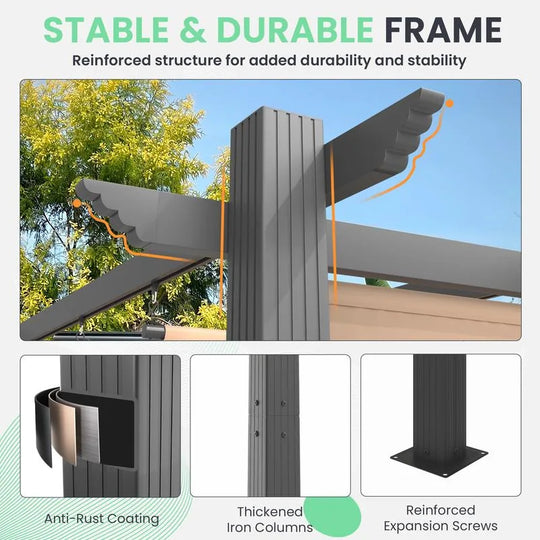 10' X 13' Outdoor Pergola with Retractable Canopy, Heavy-Duty Metal Frame and Adjustable Patio Shade Roof