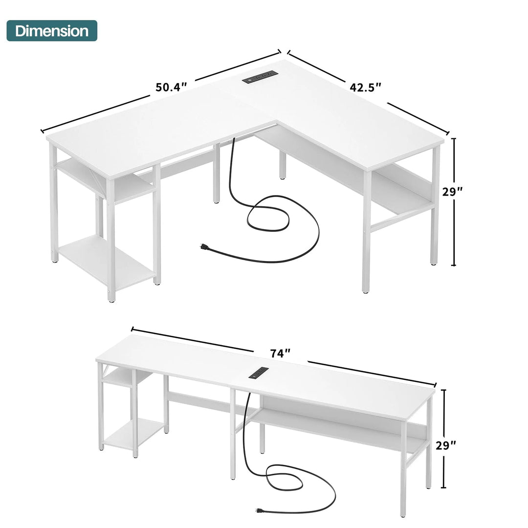 Reversible L Shaped Desk with Storage Shelves, Home Office Corner Desk with Charge Station